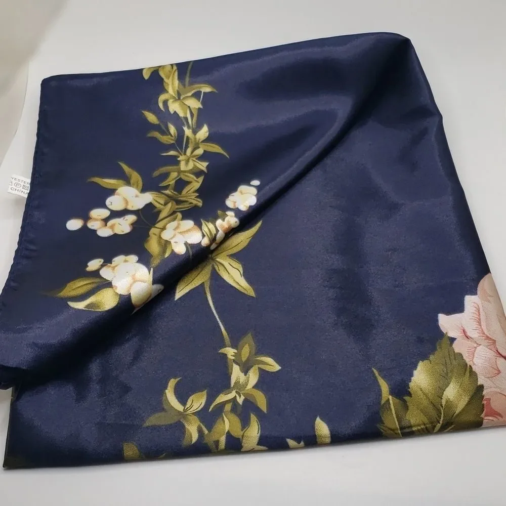Navy blue Floral blossom imitation silk luxury scarf head wrap